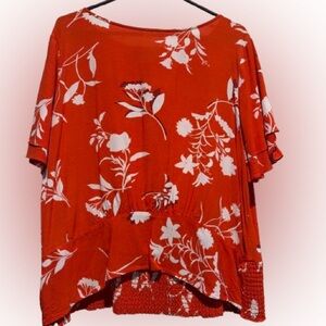 Women's Red Floral Short Sleeve Blouse - Ann Taylor XL